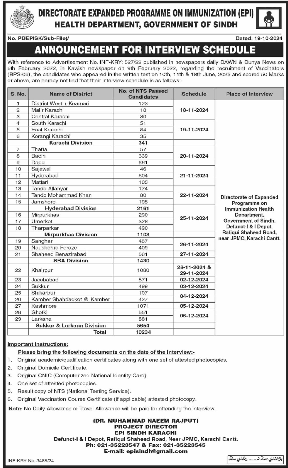 Interview Schedule for Jobs at the Health Department of Sindh