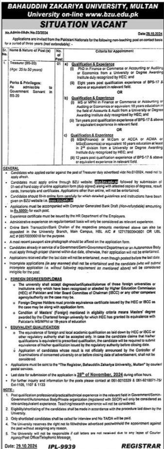 Job Opportunity at Bahauddin Zakariya University Multan BZU.