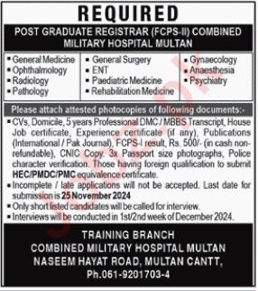 Job Opportunities in Combined Military Hospital CMH Multan