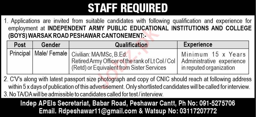 Job Position At Army Public Educational Institutions