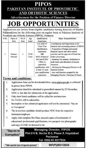 Job Opening at Pakistan Institute of Prosthetics and Orthotics.