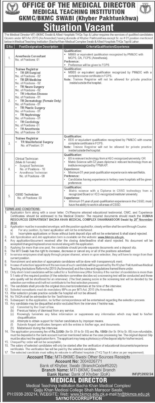 Vacancies at Medical Teaching Institution MTI Swabi