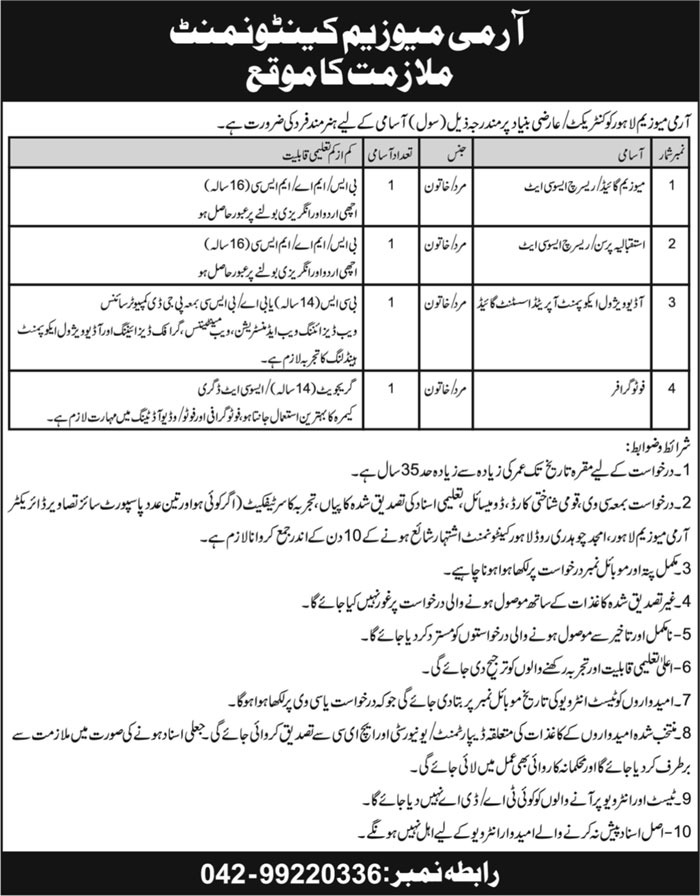 Employment Opportunities at the Army Museum Cantonment