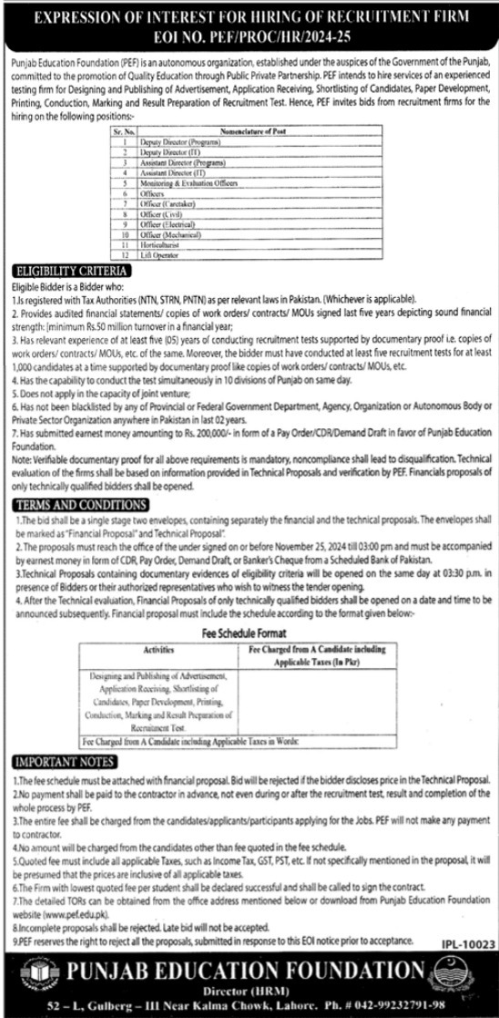 Jobs 2024 at Punjab Education Foundation in Lahore