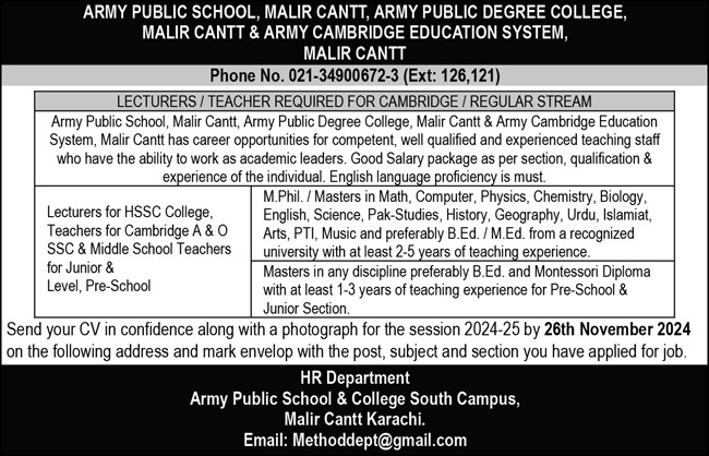 Army Public School Lecturer Jobs 2024