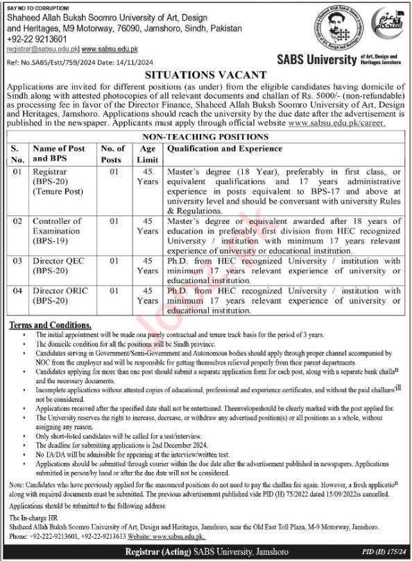 There are openings at Shaheed Allah Buksh Soomro University.