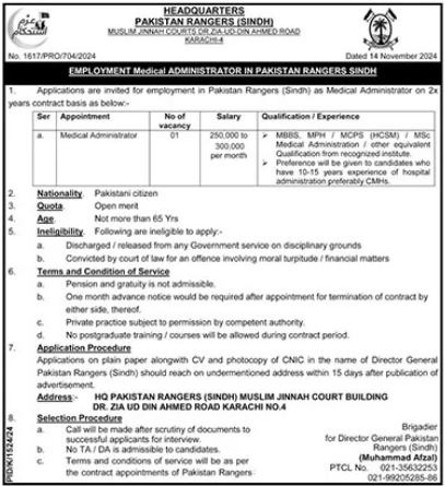 Pakistan Rangers Sindh Jobs 2024 For Medical Administrator.